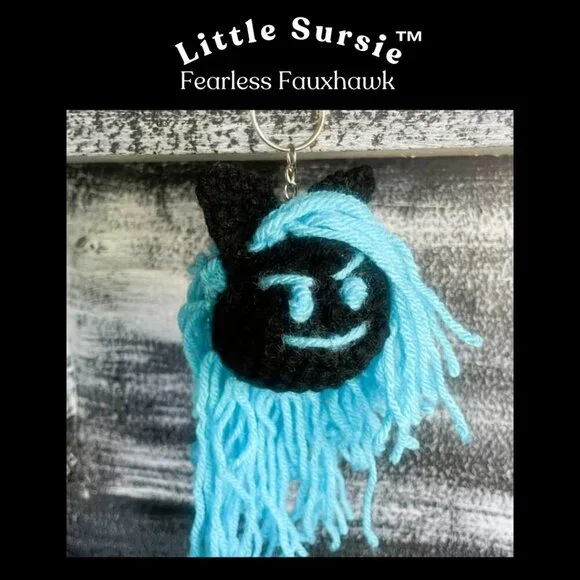 Handmade Crocheted Aqua Blue Fauxhawk Amigurumi Purse Charm Keychain - Picture 3 of 8